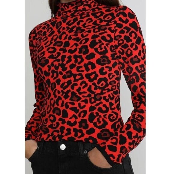 RIVER ISLAND Leopard Print Fine Knit Sweater T-Neck Top Sz M - Picture 2 of 12